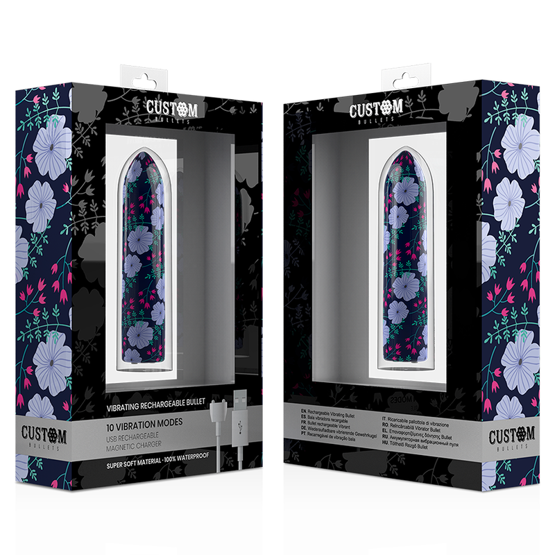 Caja del producto Custom Bullets Spring con diseño floral negro y ventana frontal.