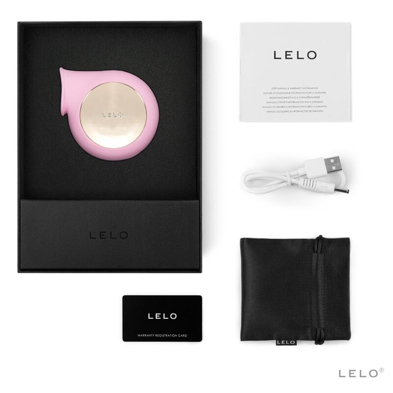 LELO SILA rosa en su caja con manual, cable USB y funda de tela.