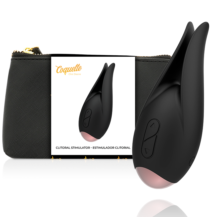 Coquette Chic Desire en negro con punta rosa y caja del producto junto a la funda.