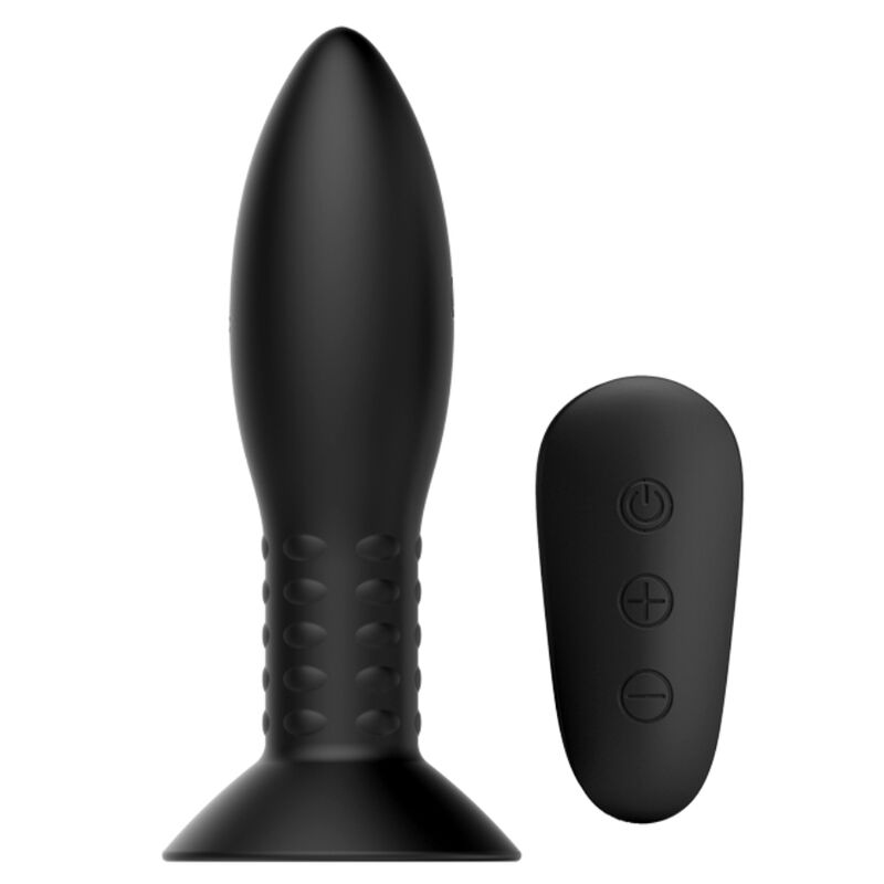 MR PLAY plug anal negro con textura de bolas y mando a distancia.