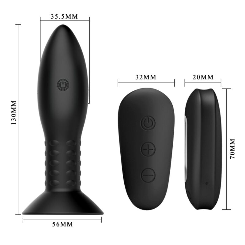 Guia de medidas del plug anal MR PLAY negro con vistas frontal y lateral y mando con botones.