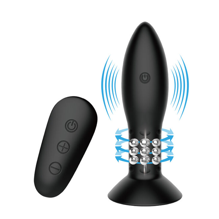 Detalle del plug anal MR PLAY negro con mando y bolas giratorias visibles