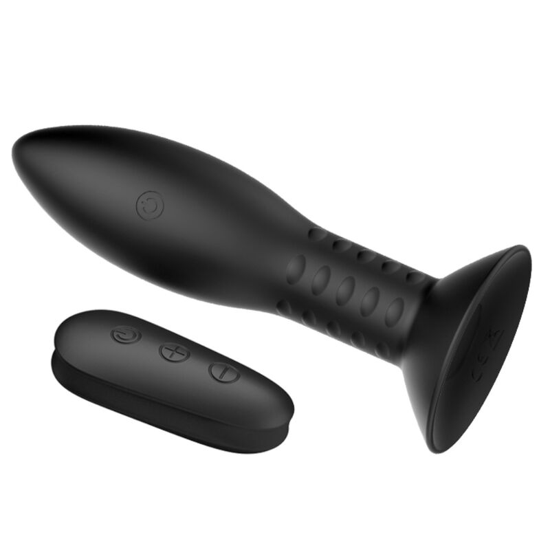Detalle del plug anal MR PLAY negro con bolas y mando a distancia.