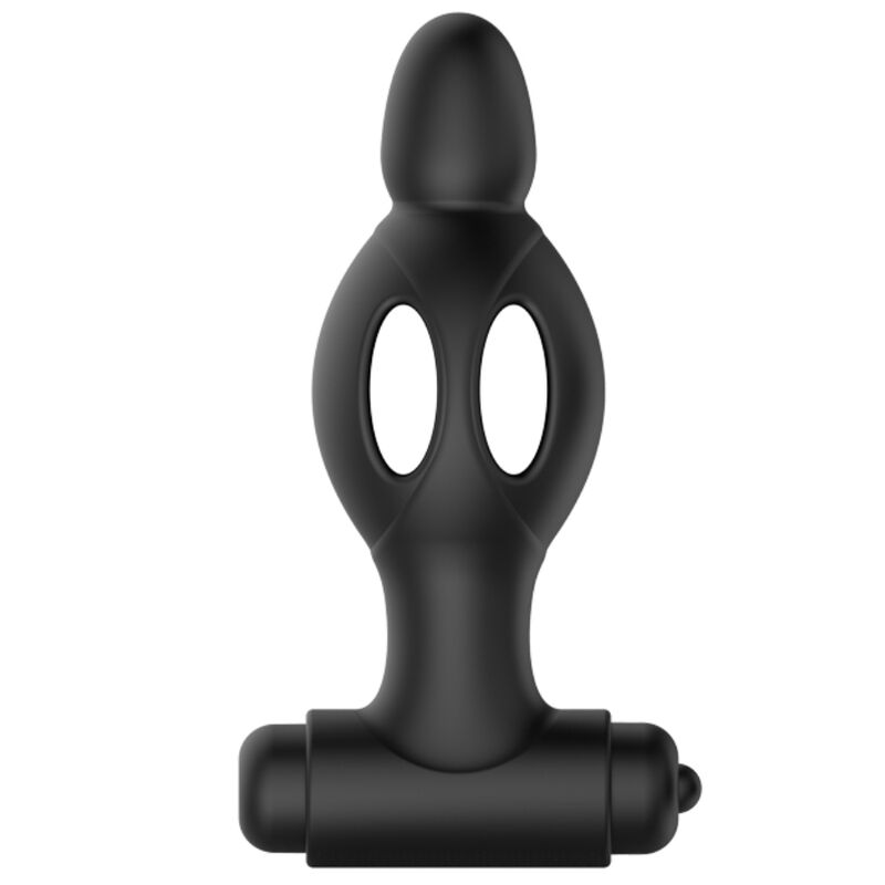 MR PLAY tapón anal vibrador negro de silicona, vista frontal con aberturas ovaladas.