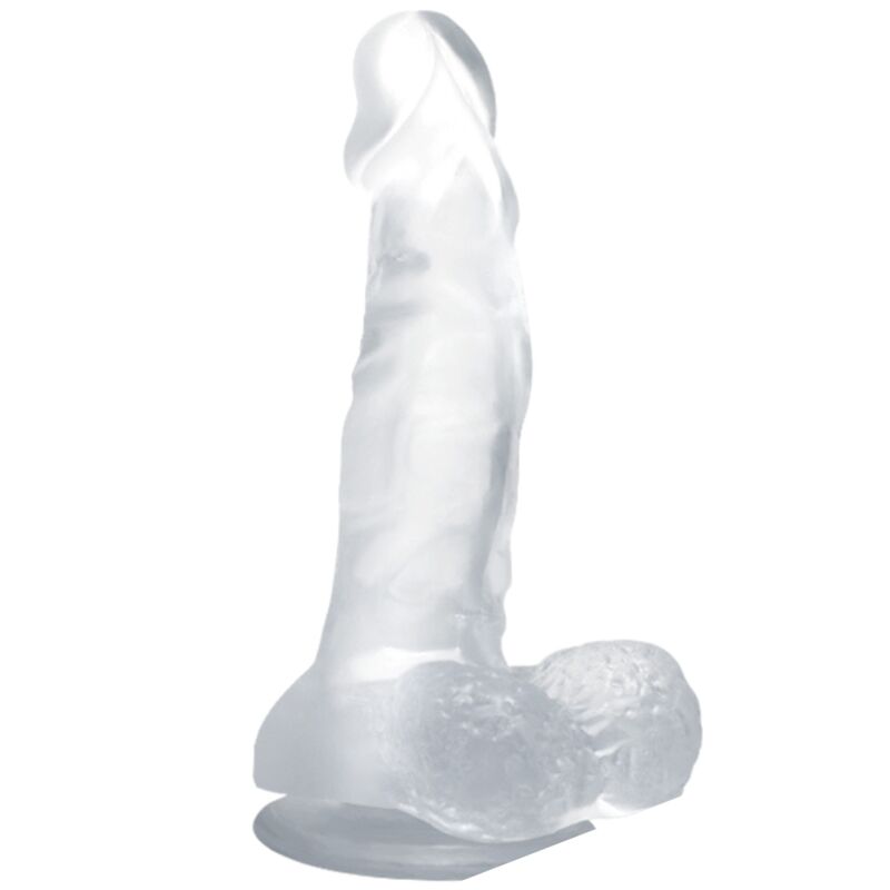 Dildo realista transparente de BAILE DILDOS con ventosa y testículos, vista frontal.