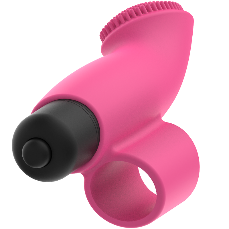 OHMAMA Pink Thimble Finger Vibrator en detalle, rosa con punta negra y abertura para el dedo.