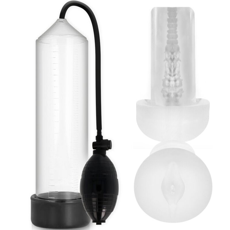 Pump Addicted RX3 bomba de erección transparente con masturbador de silicona visible al lado