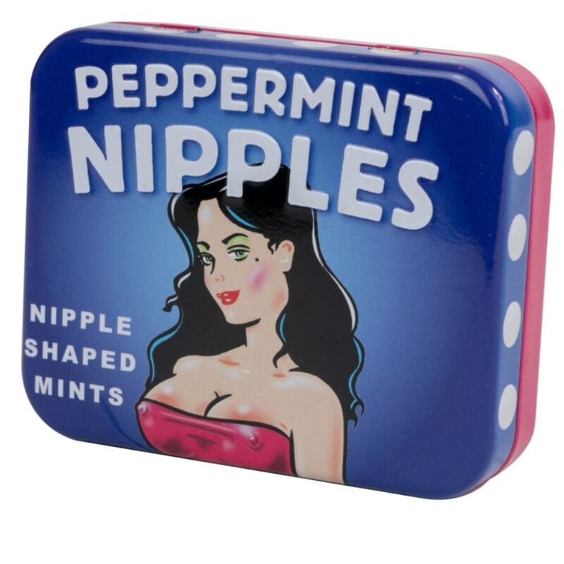 Lata azul de Spencer & Fleetwood Peppermint Nipples con ilustración retro en la tapa.