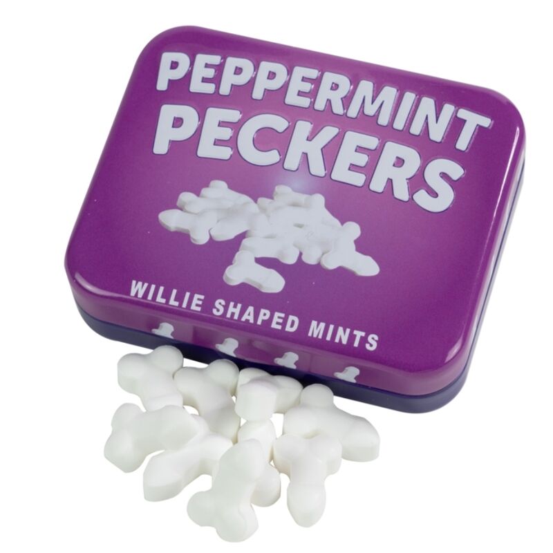 Lata morada de Spencer & Fletwood con mints blancos con forma de pene, abierta y con caramelos fuera.