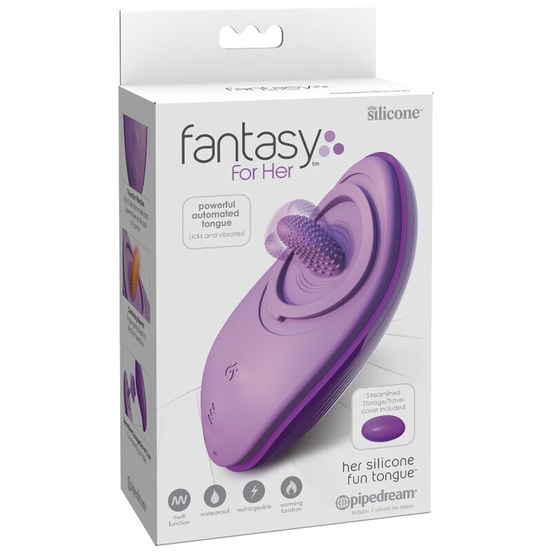 Caja del producto Fantasy For Her con ilustración de un estimulador morado.