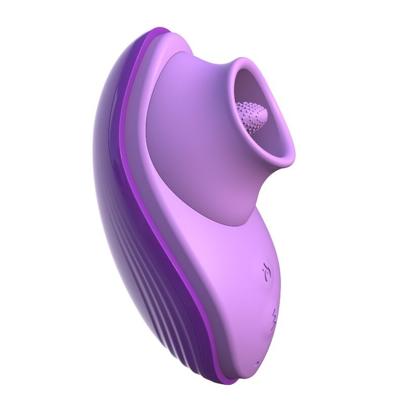 Estimulador clitoriano Fantasy For Her en morado, vista frontal inclinada con abertura tipo lengua