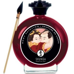 Pintura corporal comestible Shunga en frasco rojo con pincel.