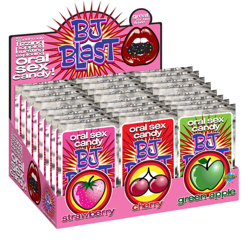 Expositor Pipedreams BJ Blast con sobres surtidos de caramelo oral, sabores fresa, cereza y manzana verde.