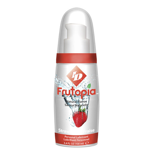 ID FRUTOPIA lubricante sabor fresa en frasco transparente con detalles rojos, vista frontal.