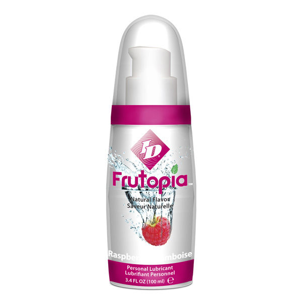ID FRUTOPIA lubricante sabor frambuesa en bote blanco con detalles magenta, vista frontal.