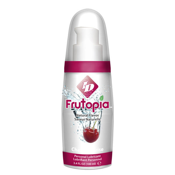 Lubricante ID Frutopia sabor cereza en frasco con dosificador, vista frontal.