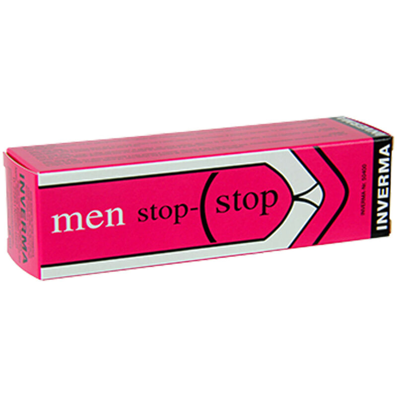 Crema retardante Inverma Men Stop Stop en caja rosa, vista frontal.