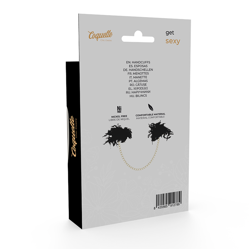 Caja del producto Coquette Chic Desire con ilustración de esposas y diseño gris y negro.