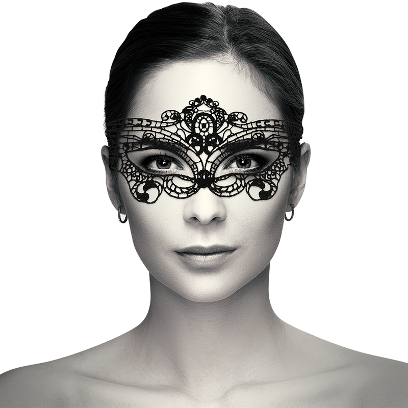 Antifaz de encaje negro Coquette Chic Desire en vista frontal, con diseño floral adornado.