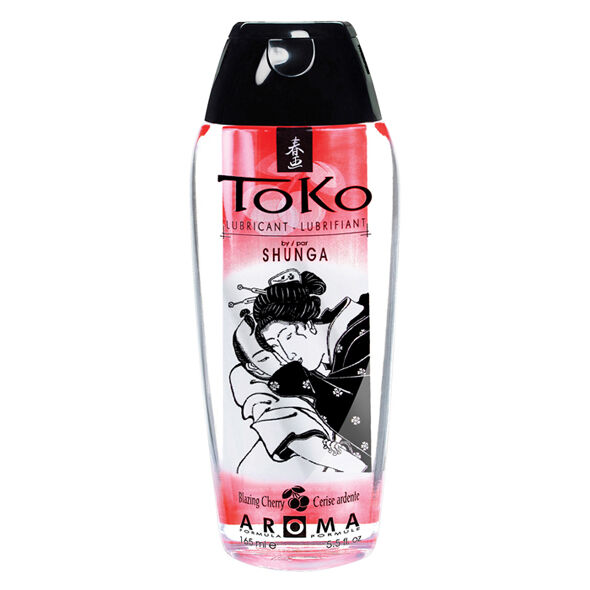 Lubricante Shunga TOKO de cereza en botella transparente con tapón negro, vista frontal.