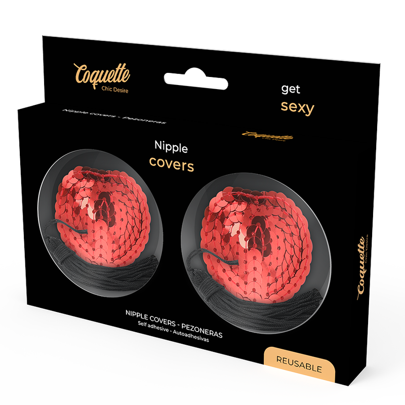 Caja del producto Coquette Chic Desire con dos cubrepezones rojos de lentejuelas.