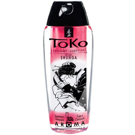 Lubricante Shunga Toko Aroma en botella transparente con tapón negro y etiqueta rosa y blanca.