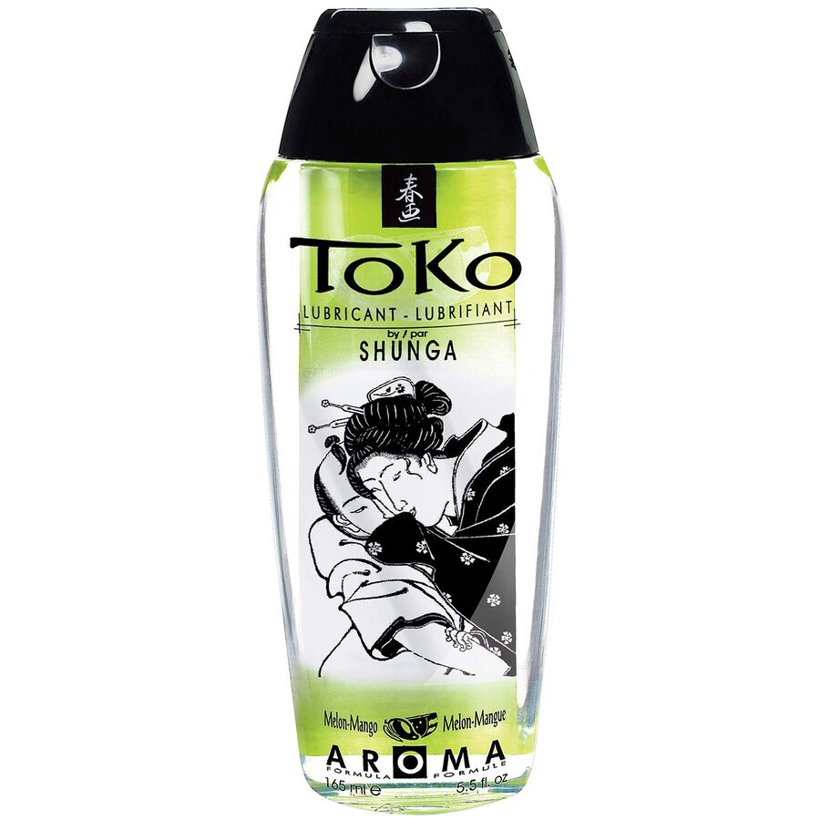 Lubricante Shunga Toko Aroma Melón y Mango en botella transparente con tapa negra, vista frontal.