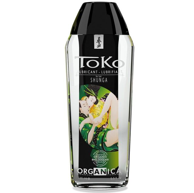 Lubricante natural Shunga Toko en botella transparente con tapón negro, vista frontal.