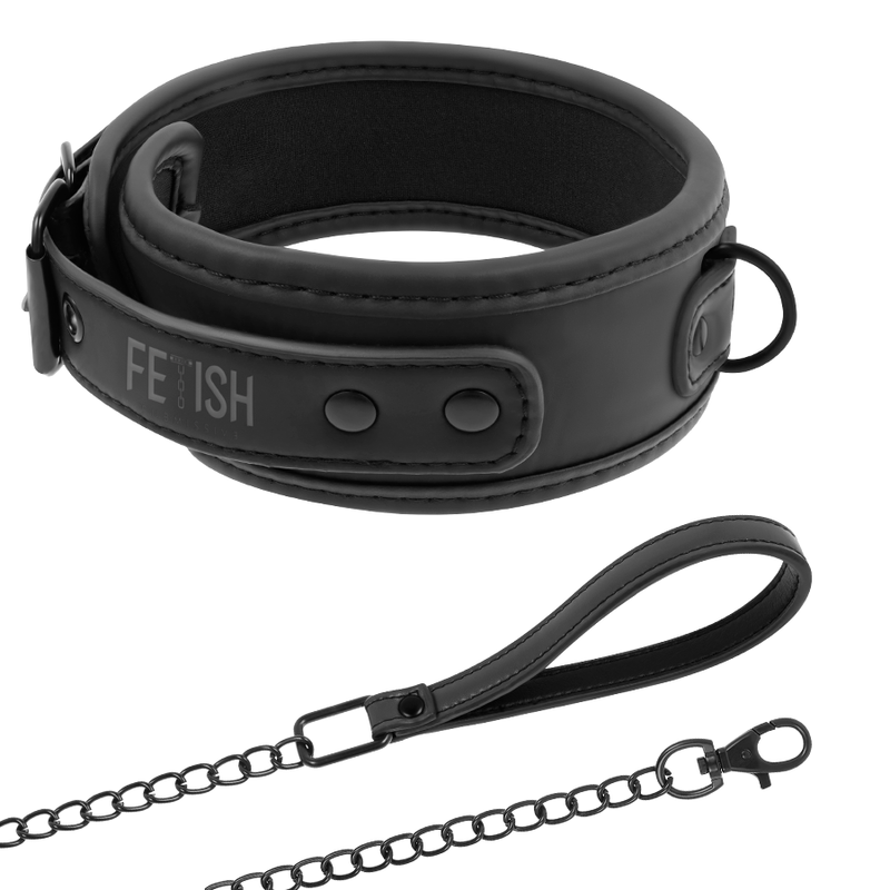 Collar Fetish Submissive Bondage negro con forro de neopreno y cadena con correa.