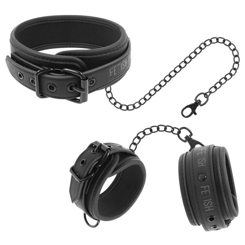 Collar y esposas Fetish Submissive en negro con cadena, vistas del producto.