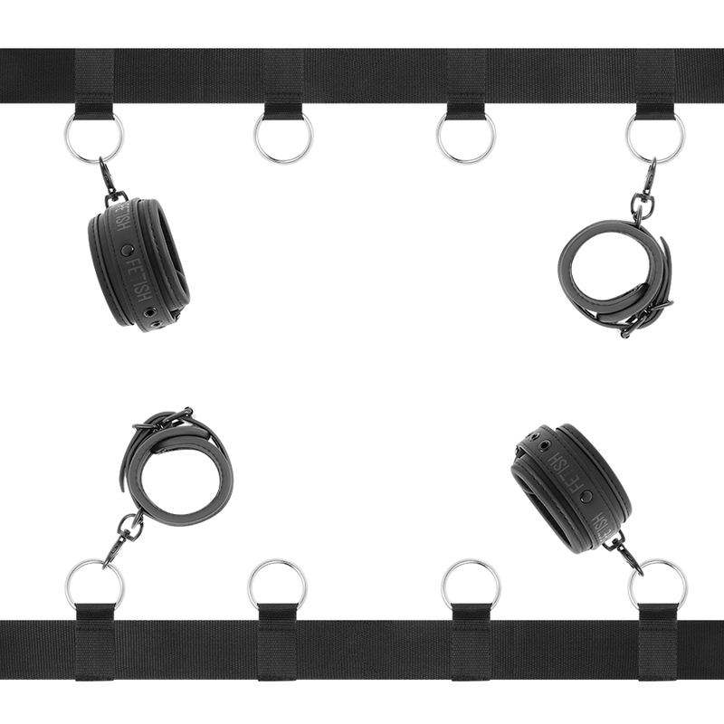 Set de ataduras Fetish Submissive Bondage con cuatro correas negras y puños acolchados.