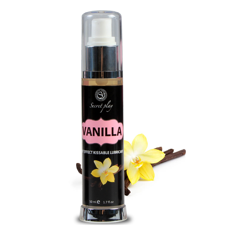 Secretplay Cosmetic lubricante y aceite de masaje vainilla en frasco con dosificador.