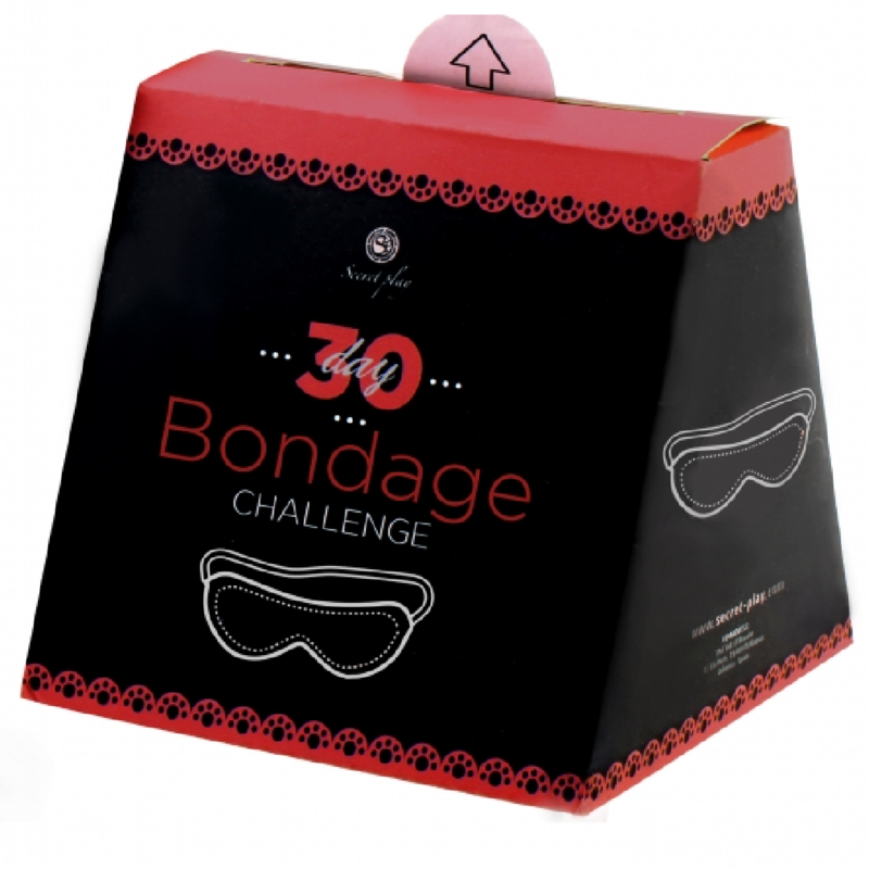 Caja del producto SECRETPLAY 100% GAMES 30 Day Bondage Challenge en negro y rojo, con ilustración de antifaz.