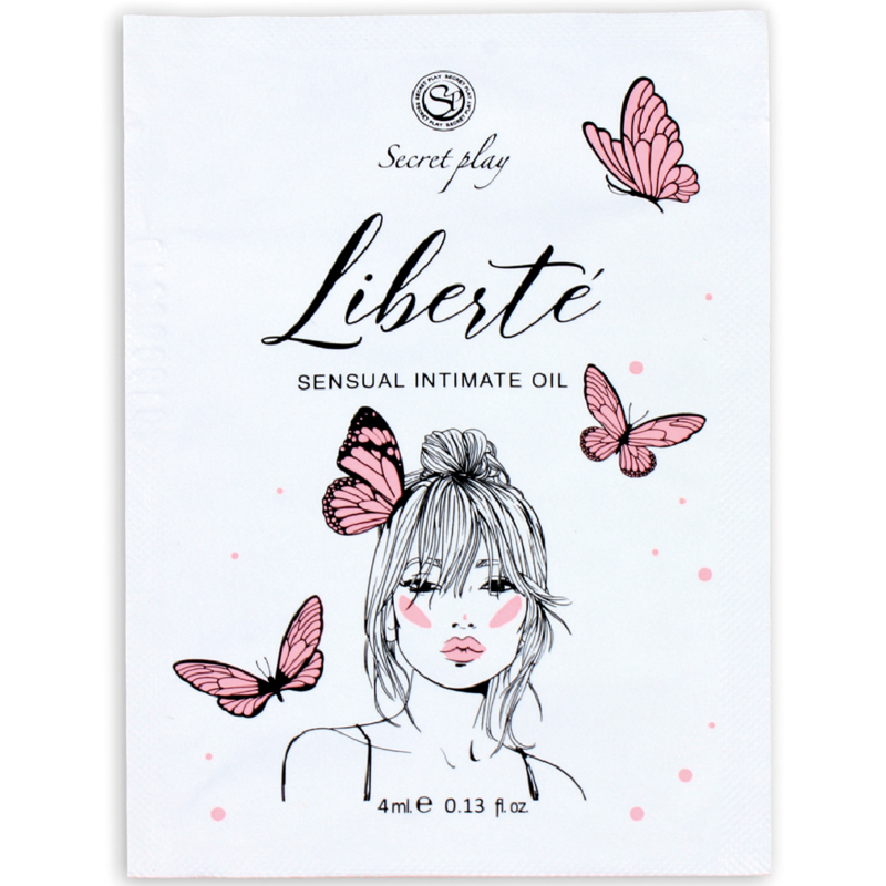 Caja del producto Secretplay Liberté con mariposas rosas e ilustración de una mujer.