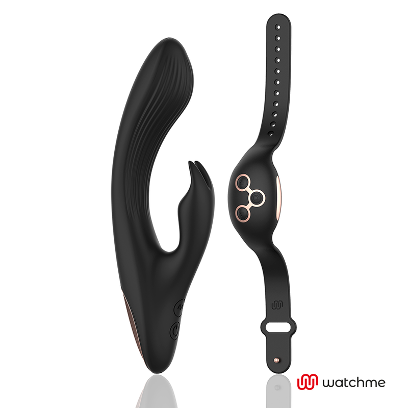 Vibrador rabbit Anne's Desire negro con reloj-mando WATCHME y detalles dorados.