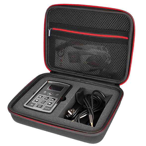 ElectraStim AXIS en estuche rígido abierto, con cable USB visible.