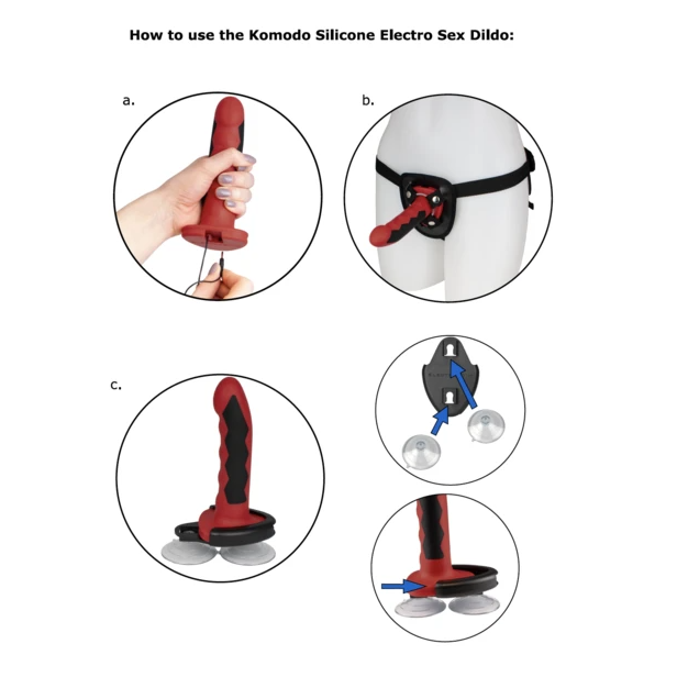Diagrama de uso del dildo ElectraStim Fusion Komodo con arnés y base de succión.