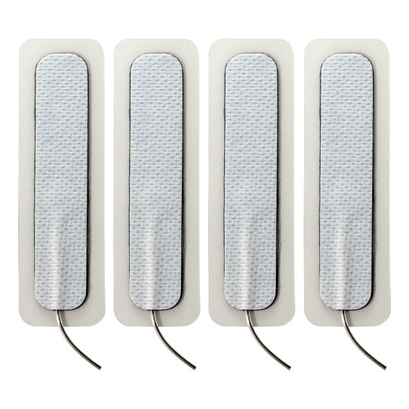 ElectraStim ElectraPads Long: cuatro electrodos adhesivos alargados con cable visible.