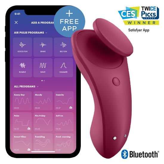 Satisfyer Connect Sexy Secret Panty en color magenta junto a la app en un móvil.
