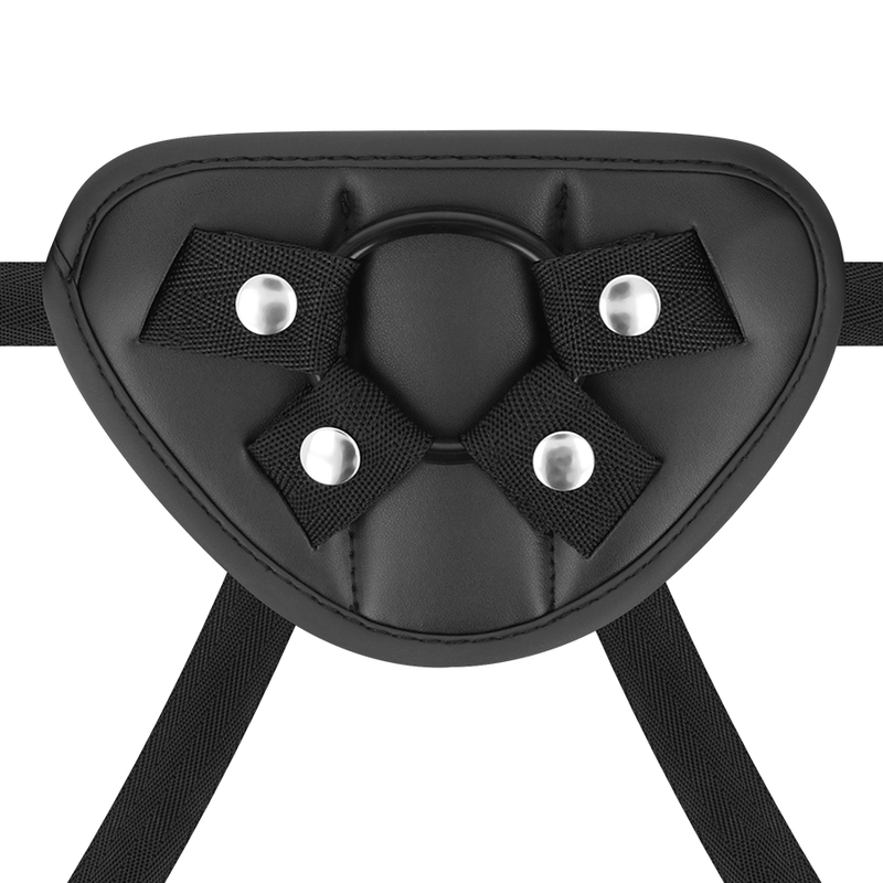 Detalle del arnés strap-on CYBER SILICOCK Ansel en negro, con panel frontal acolchado y cuatro remaches visibles.