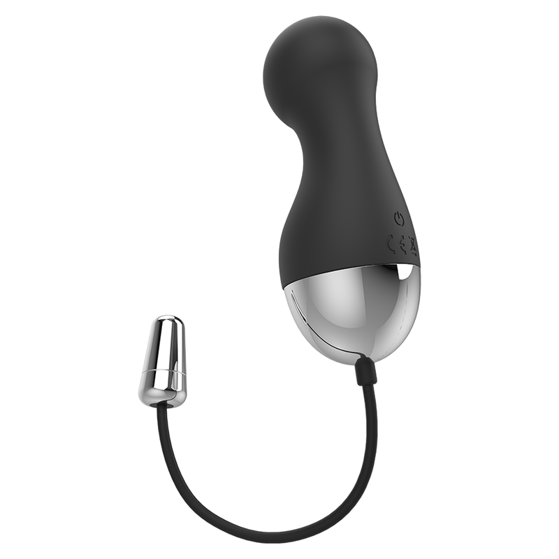 BRILLY GLAM Ian, vibrador tipo huevo negro con mando por cable plateado.