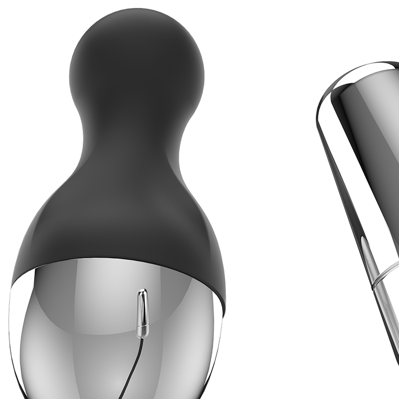 Detalle del Brilly Glam Ian: vibrador tipo huevo negro y transparente.