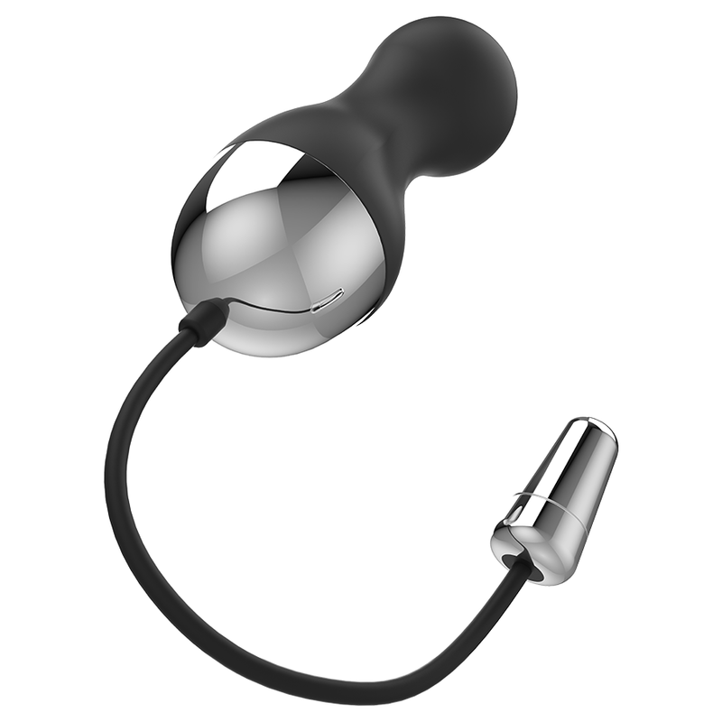 Brilly Glam Ian vibrador tipo huevo negro con mando por cable, detalle del inserto plateado.