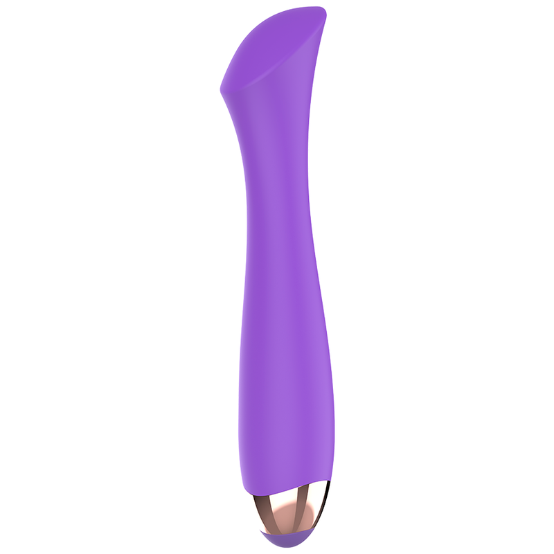 WOMANVIBE Mandy, vibrador morado de silicona con forma curvada, vista frontal.