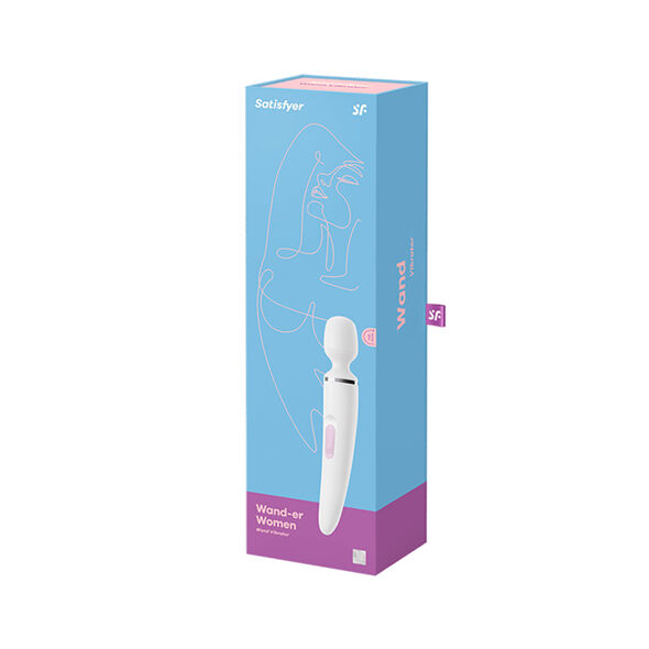 Caja del Satisfyer Wand Wander Woman en azul y morado, con la varita ilustrada al frente.