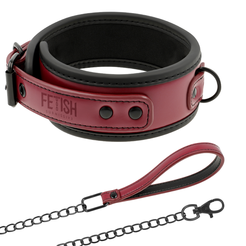 Collar Fetish Submissive Dark Room negro y rojo con cadena y interior acolchado.