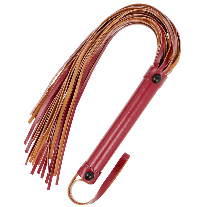 Flogger Fetish Submissive Dark Room en cuero vegano rojo con tiras bicolor.
