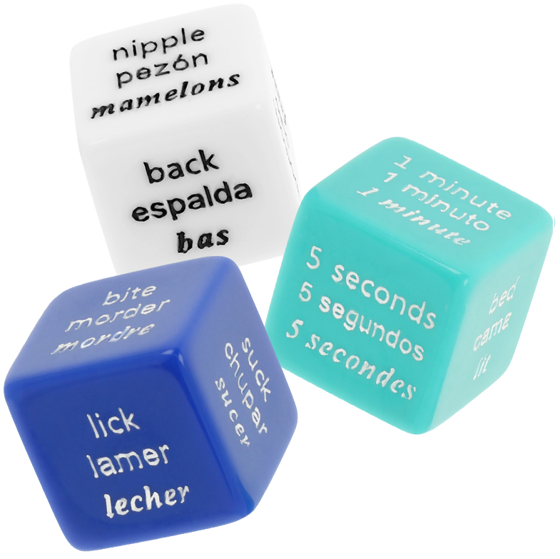 Juego de dados eróticos WATERFEEL con tres dados de colores y texto multilingüe.
