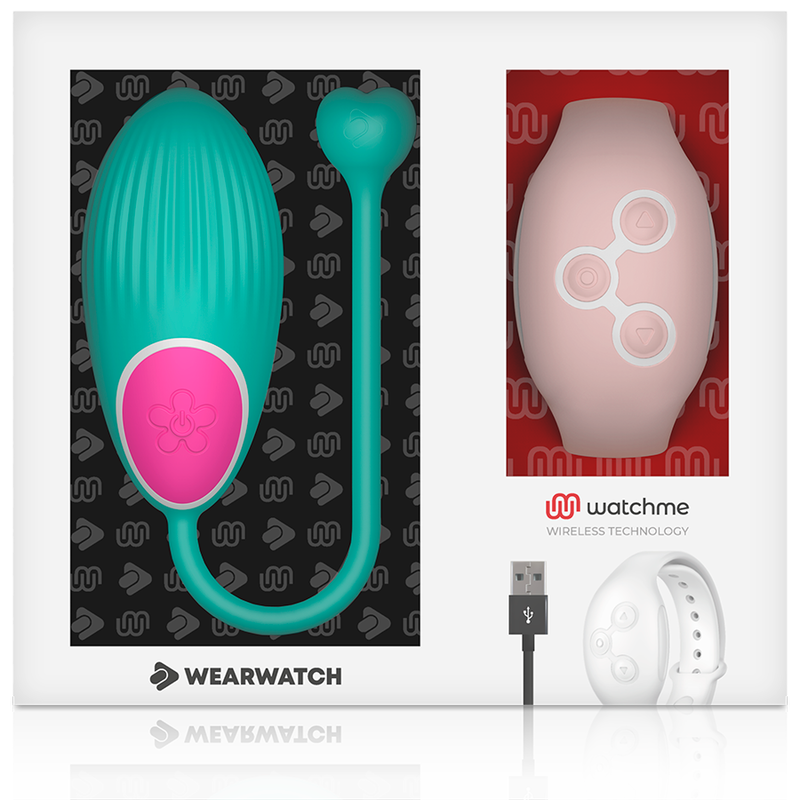 Caja del producto WEARWATCH Egg en aguamarina y rosa, con mando y cable USB ilustrados.