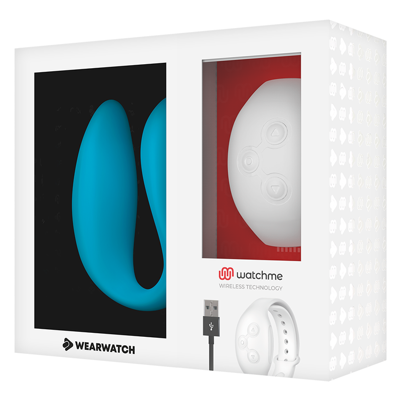 Caja del producto Wearwatch WatchMe en blanco con ventana frontal y dispositivo blanco visible.